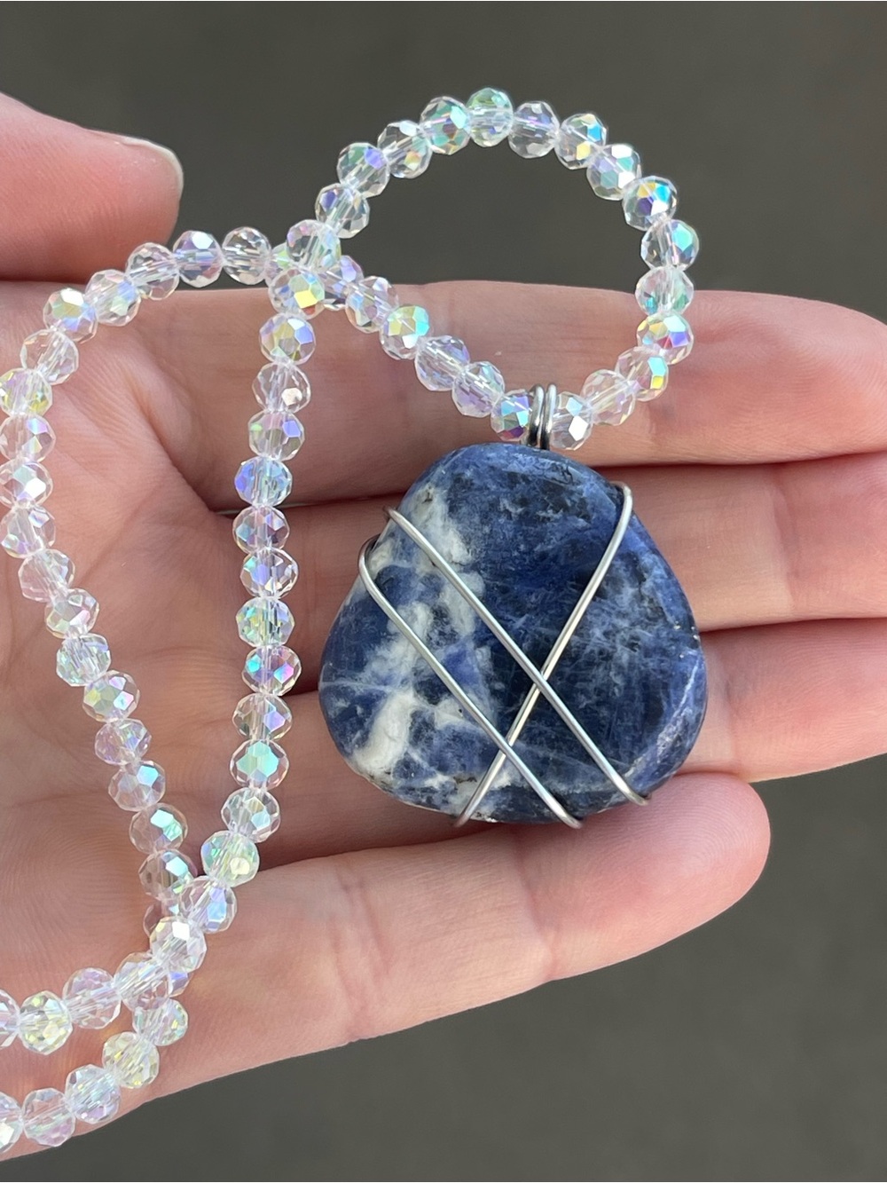 Blue Sodalite Stainless Steel Silver Wire Wrap Necklace White AB Glass Beads